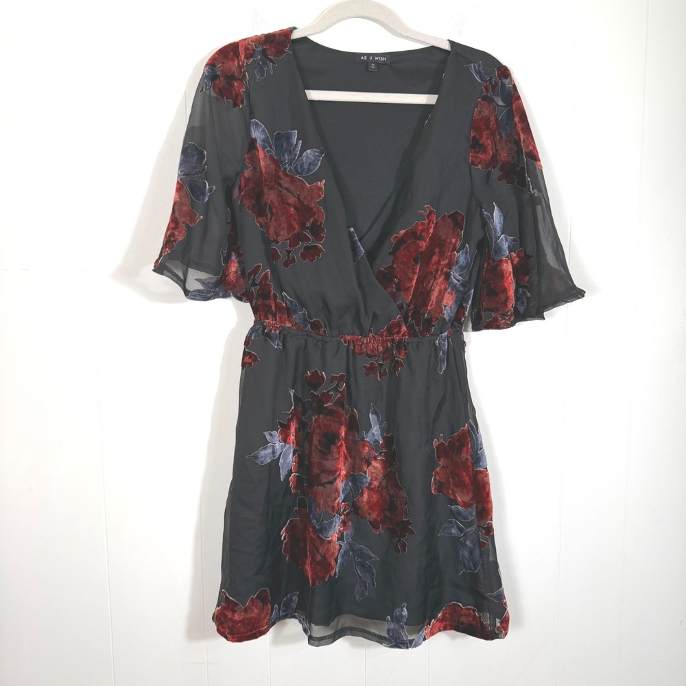 As U Wish Black Velvet Burnout Dress Floral Flutter Sleeve Medium Dark Romantic